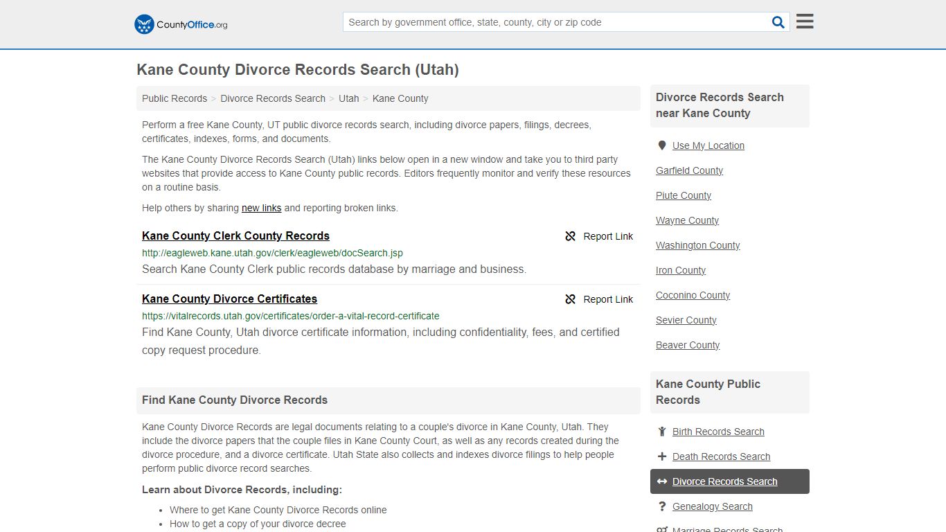 Kane County Divorce Records Search (Utah) - County Office